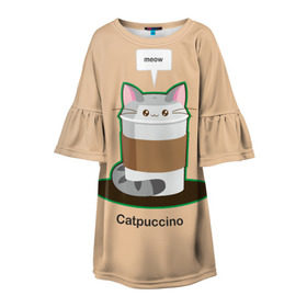 Детское платье 3D с принтом Catpuccino в Рязани, 100% полиэстер | прямой силуэт, чуть расширенный к низу. Круглая горловина, на рукавах — воланы | Тематика изображения на принте: capuccino | cat | catpuccino | meow | капуччино | кот | котпуччино | кофе | мяу | стакан