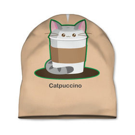 Шапка 3D с принтом Catpuccino в Рязани, 100% полиэстер | универсальный размер, печать по всей поверхности изделия | capuccino | cat | catpuccino | meow | капуччино | кот | котпуччино | кофе | мяу | стакан