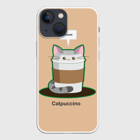 Чехол для iPhone 13 mini с принтом Catpuccino в Рязани,  |  | Тематика изображения на принте: capuccino | cat | catpuccino | meow | капуччино | кот | котпуччино | кофе | мяу | стакан