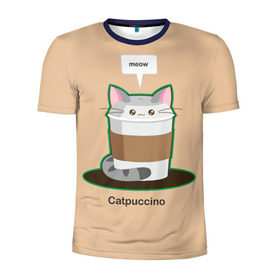 Мужская футболка 3D спортивная с принтом Catpuccino в Рязани, 100% полиэстер с улучшенными характеристиками | приталенный силуэт, круглая горловина, широкие плечи, сужается к линии бедра | Тематика изображения на принте: capuccino | cat | catpuccino | meow | капуччино | кот | котпуччино | кофе | мяу | стакан