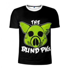 Мужская футболка 3D спортивная с принтом Blind Pig в Рязани, 100% полиэстер с улучшенными характеристиками | приталенный силуэт, круглая горловина, широкие плечи, сужается к линии бедра | Тематика изображения на принте: ад | зеленый | свинья | череп