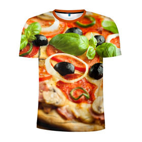 Мужская футболка 3D спортивная с принтом Пицца в Рязани, 100% полиэстер с улучшенными характеристиками | приталенный силуэт, круглая горловина, широкие плечи, сужается к линии бедра | Тематика изображения на принте: базилик | еда | зелень | маслины | оливки | пицца | помидоры