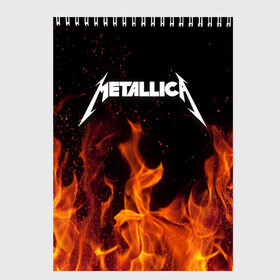 Скетчбук с принтом Metallica fire в Рязани, 100% бумага
 | 48 листов, плотность листов — 100 г/м2, плотность картонной обложки — 250 г/м2. Листы скреплены сверху удобной пружинной спиралью | Тематика изображения на принте: металлика