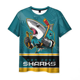 Мужская футболка 3D с принтом San Jose Sharks в Рязани, 100% полиэфир | прямой крой, круглый вырез горловины, длина до линии бедер | nhl | san jose sharks | sharks | stanley cup | кубок стенли | кубок стэнли | нхл | сан хосе | сан хосе шаркс | хоккей | хоккейный клуб | шаркс