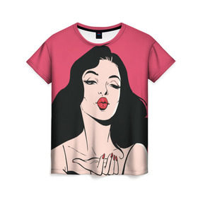 Женская футболка 3D с принтом Воздушный поцелуй в Рязани, 100% полиэфир ( синтетическое хлопкоподобное полотно) | прямой крой, круглый вырез горловины, длина до линии бедер | Тематика изображения на принте: брюнетка | о.м.с.к. | поп арт | поцелуй