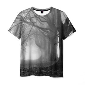 Мужская футболка 3D с принтом Туман в лесу в Рязани, 100% полиэфир | прямой крой, круглый вырез горловины, длина до линии бедер | black   white | fog | forest | morning | photo | silhouette | trees | деревья | лес | силуэт | туман | утро | фото | черно   белое