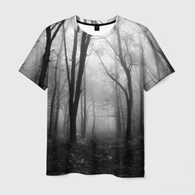 Мужская футболка 3D с принтом Туман в лесу в Рязани, 100% полиэфир | прямой крой, круглый вырез горловины, длина до линии бедер | black   white | fog | forest | morning | photo | silhouette | trees | деревья | лес | силуэт | туман | утро | фото | черно   белое