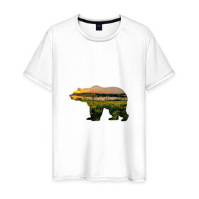 Мужская футболка хлопок с принтом медведь закат в Рязани, 100% хлопок | прямой крой, круглый вырез горловины, длина до линии бедер, слегка спущенное плечо. | закат | залив | зелень | лето | луг | медведь | мишка | поле | солнце