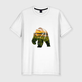 Мужская футболка премиум с принтом медведь закат в Рязани, 92% хлопок, 8% лайкра | приталенный силуэт, круглый вырез ворота, длина до линии бедра, короткий рукав | закат | залив | зелень | лето | луг | медведь | мишка | поле | солнце