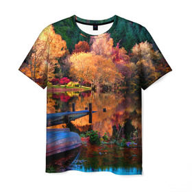 Мужская футболка 3D с принтом Осень в Рязани, 100% полиэфир | прямой крой, круглый вырез горловины, длина до линии бедер | Тематика изображения на принте: autumn | boat | bright | colors | forest | paint | river | trees | деревья | краски | лес | лодка | осень | река | цвета | яркие