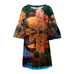Детское платье 3D с принтом Осень в Рязани, 100% полиэстер | прямой силуэт, чуть расширенный к низу. Круглая горловина, на рукавах — воланы | Тематика изображения на принте: autumn | boat | bright | colors | forest | paint | river | trees | деревья | краски | лес | лодка | осень | река | цвета | яркие