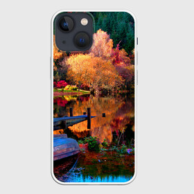 Чехол для iPhone 13 mini с принтом Осень в Рязани,  |  | autumn | boat | bright | colors | forest | paint | river | trees | деревья | краски | лес | лодка | осень | река | цвета | яркие