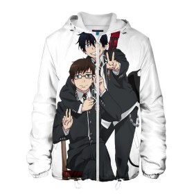 Мужская куртка 3D с принтом Blue Exorcist в Рязани, ткань верха — 100% полиэстер, подклад — флис | прямой крой, подол и капюшон оформлены резинкой с фиксаторами, два кармана без застежек по бокам, один большой потайной карман на груди. Карман на груди застегивается на липучку | ao no exorcist | blue exorcist | демон | сатана | синий экзорцист