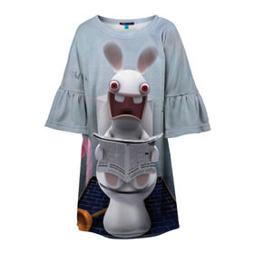 Детское платье 3D с принтом Кролик с газетой в Рязани, 100% полиэстер | прямой силуэт, чуть расширенный к низу. Круглая горловина, на рукавах — воланы | Тематика изображения на принте: rabbids | вантуз | горшок | зайцы засранцы | заяц | туалет