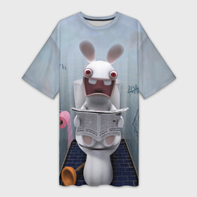 Платье-футболка 3D с принтом Кролик с газетой в Рязани,  |  | rabbids | вантуз | горшок | зайцы засранцы | заяц | туалет