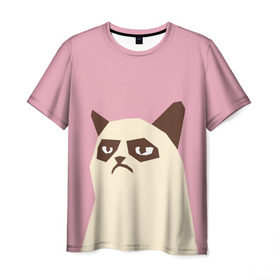 Мужская футболка 3D с принтом Grumpy cat pink в Рязани, 100% полиэфир | прямой крой, круглый вырез горловины, длина до линии бедер | кот | мем | угрюмый