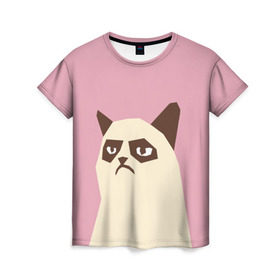 Женская футболка 3D с принтом Grumpy cat pink в Рязани, 100% полиэфир ( синтетическое хлопкоподобное полотно) | прямой крой, круглый вырез горловины, длина до линии бедер | кот | мем | угрюмый