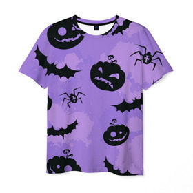 Мужская футболка 3D с принтом Хэллоуин узор в Рязани, 100% полиэфир | прямой крой, круглый вырез горловины, длина до линии бедер | halloween | летучая мышь | паук | праздник | привидение | тыква | хэллоуин