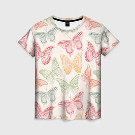 Женская футболка 3D с принтом Узор из бабочек в Рязани, 100% полиэфир ( синтетическое хлопкоподобное полотно) | прямой крой, круглый вырез горловины, длина до линии бедер | акварель | бабочка | весна | мозаика | насекомые | рисунок | трайбл | узор | этно