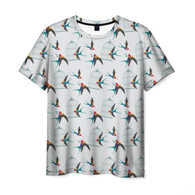 Мужская футболка 3D с принтом Ласточки в Рязани, 100% полиэфир | прямой крой, круглый вырез горловины, длина до линии бедер | весна | клетка | ласточка | мозаика | письмо | птица | узор