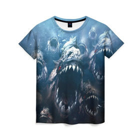 Женская футболка 3D с принтом Голодные пираньи в Рязани, 100% полиэфир ( синтетическое хлопкоподобное полотно) | прямой крой, круглый вырез горловины, длина до линии бедер | еда | зубы | клыки | кровь | людоед | монстр | пираньи | пиранья | рыбы | ужас | хищник | челюсти | чудовище