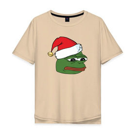 Мужская футболка хлопок Oversize с принтом New year sad frog в Рязани, 100% хлопок | свободный крой, круглый ворот, “спинка” длиннее передней части | pepe | новогодний | пепе | шапка