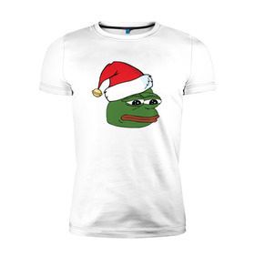 Мужская футболка премиум с принтом New year sad frog в Рязани, 92% хлопок, 8% лайкра | приталенный силуэт, круглый вырез ворота, длина до линии бедра, короткий рукав | pepe | новогодний | пепе | шапка
