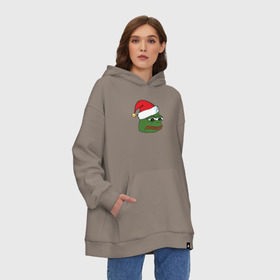 Худи SuperOversize хлопок с принтом New year sad frog в Рязани, 70% хлопок, 30% полиэстер, мягкий начес внутри | карман-кенгуру, эластичная резинка на манжетах и по нижней кромке, двухслойный капюшон
 | pepe | новогодний | пепе | шапка