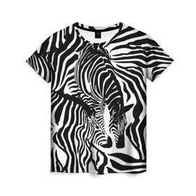 Женская футболка 3D с принтом Зебра в Рязани, 100% полиэфир ( синтетическое хлопкоподобное полотно) | прямой крой, круглый вырез горловины, длина до линии бедер | дикое | животное | зебра | камуфляж | лошадь | маскировка | полосы | текстура | фон | черно белые
