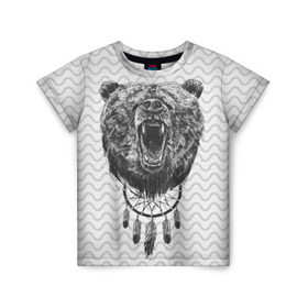 Детская футболка 3D с принтом Bear Dreamcatcher в Рязани, 100% гипоаллергенный полиэфир | прямой крой, круглый вырез горловины, длина до линии бедер, чуть спущенное плечо, ткань немного тянется | bear | beast | forest | russia | siberian | зверь | лес | ловец | медведь | россия | сибирь | сон | ярость