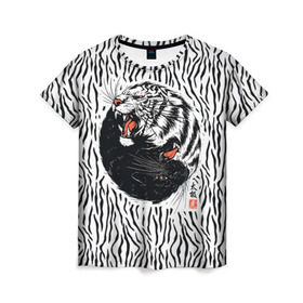 Женская футболка 3D с принтом Yin Yang Tigers в Рязани, 100% полиэфир ( синтетическое хлопкоподобное полотно) | прямой крой, круглый вырез горловины, длина до линии бедер | tiger | yin yang | инь ян | китай | сила | тигр | ярость