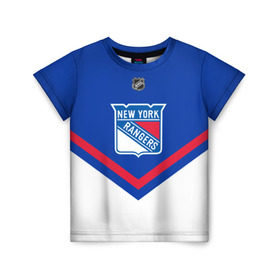 Детская футболка 3D с принтом New York Rangers в Рязани, 100% гипоаллергенный полиэфир | прямой крой, круглый вырез горловины, длина до линии бедер, чуть спущенное плечо, ткань немного тянется | Тематика изображения на принте: america | canada | hockey | nhl | usa | америка | канада | лед | нхл | нью йорк | рейнджерс | сша | хоккей