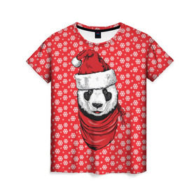 Женская футболка 3D с принтом Панда Клаус в Рязани, 100% полиэфир ( синтетическое хлопкоподобное полотно) | прямой крой, круглый вырез горловины, длина до линии бедер | Тематика изображения на принте: animal | bear | beast | claus | panda | santa | дед мороз | елка | зверь | клаус | медведь | новый год | панда | рождество | санта | снег