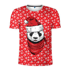 Мужская футболка 3D спортивная с принтом Панда Клаус в Рязани, 100% полиэстер с улучшенными характеристиками | приталенный силуэт, круглая горловина, широкие плечи, сужается к линии бедра | Тематика изображения на принте: animal | bear | beast | claus | panda | santa | дед мороз | елка | зверь | клаус | медведь | новый год | панда | рождество | санта | снег