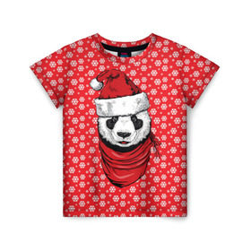 Детская футболка 3D с принтом Панда Клаус в Рязани, 100% гипоаллергенный полиэфир | прямой крой, круглый вырез горловины, длина до линии бедер, чуть спущенное плечо, ткань немного тянется | Тематика изображения на принте: animal | bear | beast | claus | panda | santa | дед мороз | елка | зверь | клаус | медведь | новый год | панда | рождество | санта | снег