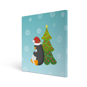 Холст квадратный с принтом Новогодний пингвинчик в Рязани, 100% ПВХ |  | елка | новый год | пингвин