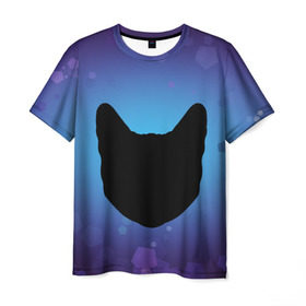 Мужская футболка 3D с принтом Силуэт черной кошки в Рязани, 100% полиэфир | прямой крой, круглый вырез горловины, длина до линии бедер | кошка | силуэт | синий | фиолетовый | черный
