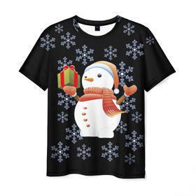 Мужская футболка 3D с принтом Снеговик с подарком в Рязани, 100% полиэфир | прямой крой, круглый вырез горловины, длина до линии бедер | 2017 | дед мороз | зима | новый год | снеговик