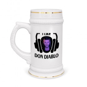 Кружка пивная с принтом I like Don Diablo в Рязани,  керамика (Материал выдерживает высокую температуру, стоит избегать резкого перепада температур) |  объем 630 мл | Тематика изображения на принте: beatport | club | dj | don diablo | edm | electro | house | musical freedom | production | radio | retro style | spinnin | techno | top | trance | клуб | радио | трещины | царапины