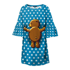 Детское платье 3D с принтом Медвежьи объятия в Рязани, 100% полиэстер | прямой силуэт, чуть расширенный к низу. Круглая горловина, на рукавах — воланы | Тематика изображения на принте: bear | beast | kid | love | teddy | toy | звезды | зверь | игрушка | любовь | медведь | мишка