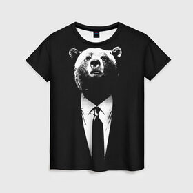 Женская футболка 3D с принтом Медведь бизнесмен в Рязани, 100% полиэфир ( синтетическое хлопкоподобное полотно) | прямой крой, круглый вырез горловины, длина до линии бедер | animal | bear | beast | business | suit | бизнес | джентльмен | животное | зверь | медведь | смокинг