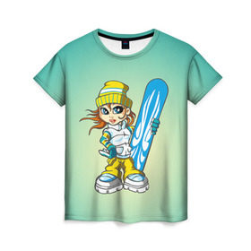 Женская футболка 3D с принтом Snowboard girl 1 в Рязани, 100% полиэфир ( синтетическое хлопкоподобное полотно) | прямой крой, круглый вырез горловины, длина до линии бедер | extreme | girl | snowboard | девушка | сноуборд | экстрим