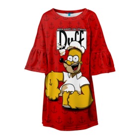 Детское платье 3D с принтом Duff Beer в Рязани, 100% полиэстер | прямой силуэт, чуть расширенный к низу. Круглая горловина, на рукавах — воланы | Тематика изображения на принте: bart | donut | griffin | homer | popeye | simpson | барт | гомер | гриффин | капитан | моряк | симпсон | стьюи | якорь