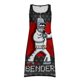 Платье-майка 3D с принтом Bender Presley в Рязани, 100% полиэстер | полуприлегающий силуэт, широкие бретели, круглый вырез горловины, удлиненный подол сзади. | Тематика изображения на принте: bender | elvis presley | fry | futurama | hermes | rock n roll | zoidberg | бендер | гермес | зойдберг | робот | рок н ролл | туранга | фрай | футурама | элвис пресли