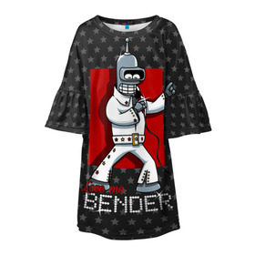 Детское платье 3D с принтом Bender Presley в Рязани, 100% полиэстер | прямой силуэт, чуть расширенный к низу. Круглая горловина, на рукавах — воланы | bender | elvis presley | fry | futurama | hermes | rock n roll | zoidberg | бендер | гермес | зойдберг | робот | рок н ролл | туранга | фрай | футурама | элвис пресли