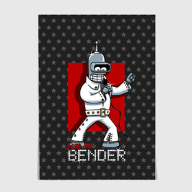 Постер с принтом Bender Presley в Рязани, 100% бумага
 | бумага, плотность 150 мг. Матовая, но за счет высокого коэффициента гладкости имеет небольшой блеск и дает на свету блики, но в отличии от глянцевой бумаги не покрыта лаком | Тематика изображения на принте: bender | elvis presley | fry | futurama | hermes | rock n roll | zoidberg | бендер | гермес | зойдберг | робот | рок н ролл | туранга | фрай | футурама | элвис пресли