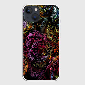 Чехол для iPhone 13 с принтом Радужные монстры в Рязани,  |  | background | black | bright | colors | dark | devils | evil | force | ghosts | graphic | monsters | rainbow | spectrum | графика | дьяволы | монстры | нечисть | привидения | радуга | силы | спектр | тёмные | фон | цвета | черный | яркие
