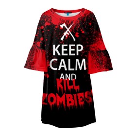 Детское платье 3D с принтом Keep Calm & Kill Zombies в Рязани, 100% полиэстер | прямой силуэт, чуть расширенный к низу. Круглая горловина, на рукавах — воланы | Тематика изображения на принте: bone | carl | rick | skelet | skull | walking dead | zombie | граймс | зомби | карл | нежить | нечисть | рик | скелет | ходячие мертвецы | череп