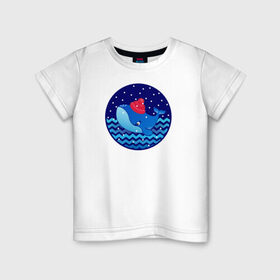 Детская футболка хлопок с принтом Синий кит зимой в Рязани, 100% хлопок | круглый вырез горловины, полуприлегающий силуэт, длина до линии бедер | большой синий кит | волны | зима | новый год | океан | синий кит в шапке | снег