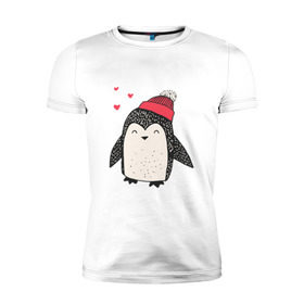 Мужская футболка премиум с принтом Пингвин в шапке в Рязани, 92% хлопок, 8% лайкра | приталенный силуэт, круглый вырез ворота, длина до линии бедра, короткий рукав | christmas | new year | winter | зима | новый год | пингвин | рождество